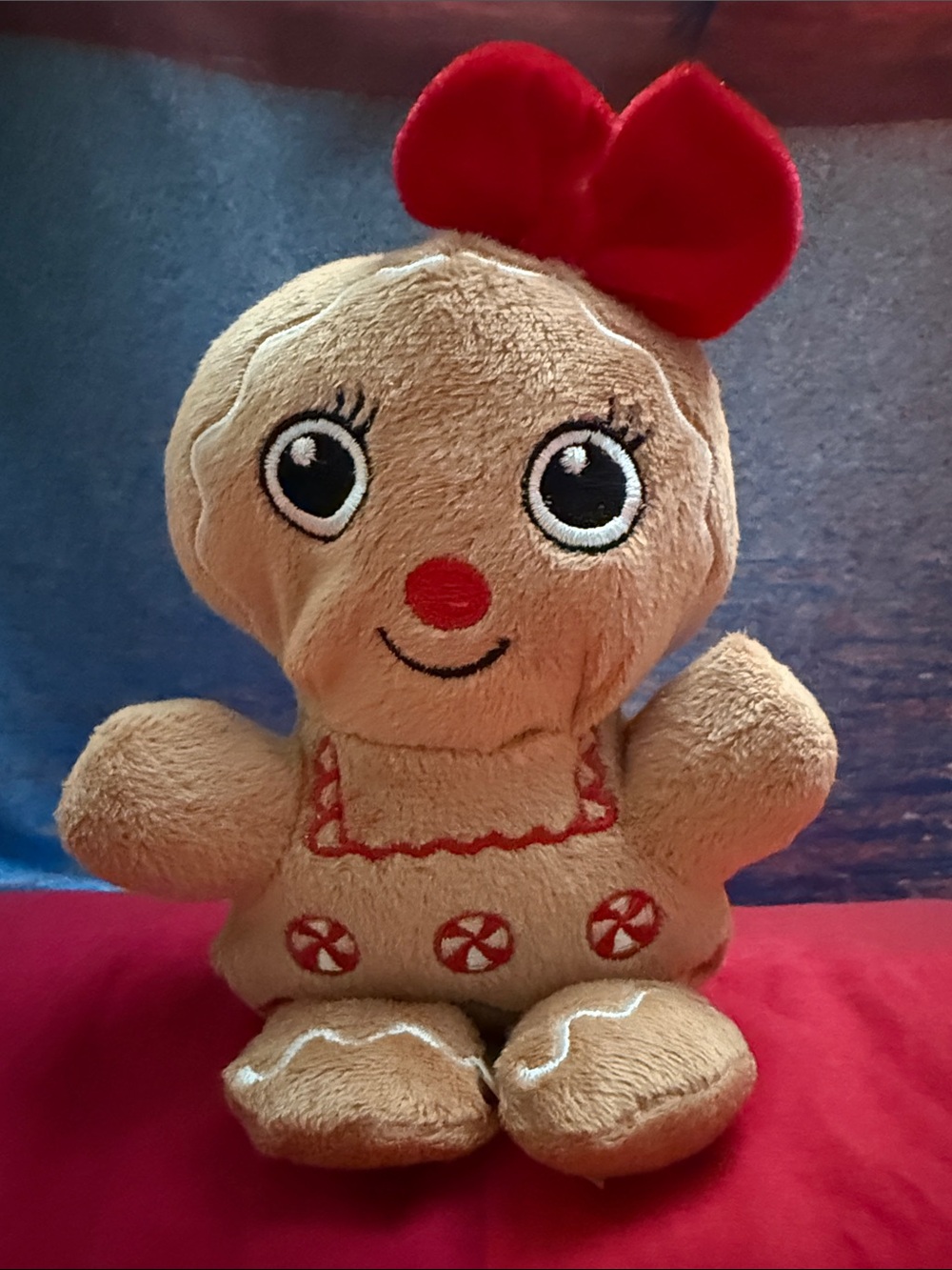 Plush Gingerbread Girl Stuffed Toy - Red Bow, Red Accents